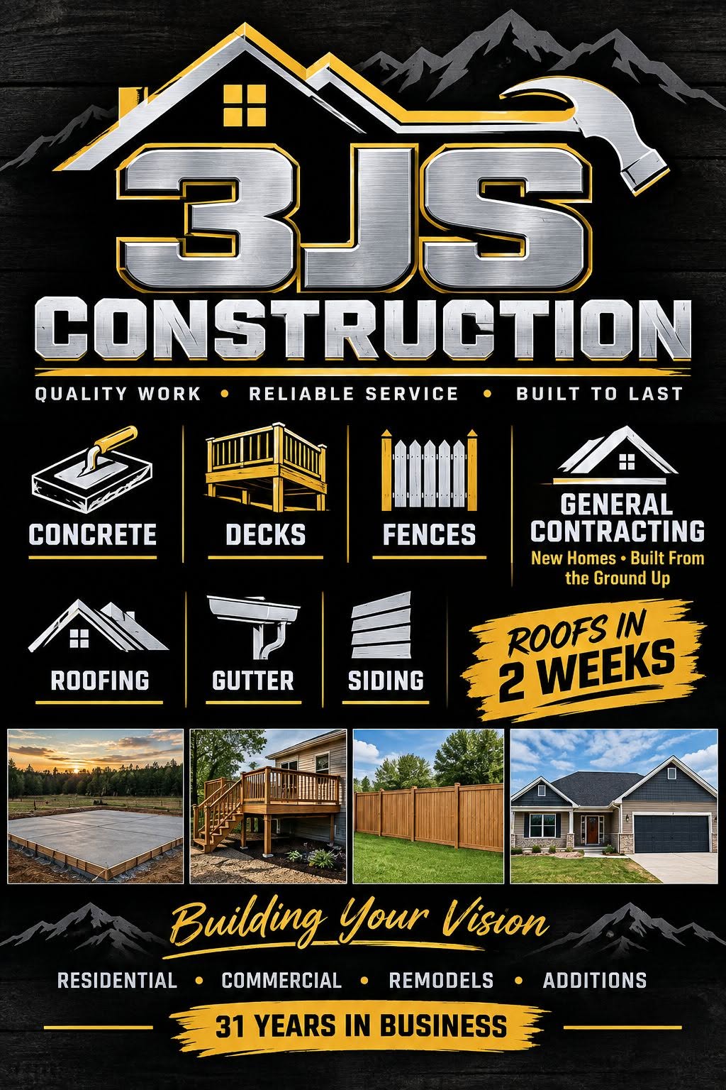 3JS Construction services graphic: concrete, decks, fences, general contracting, roofing, gutter and siding, with the tagline Building Your Vision